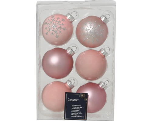 Weihnachtsbaumkugeln Glas Ø 6 cm rosa 6 Stück Packung mit sechs rosa Weihnachtskugeln aus Glas mit Schneeflockenmuster