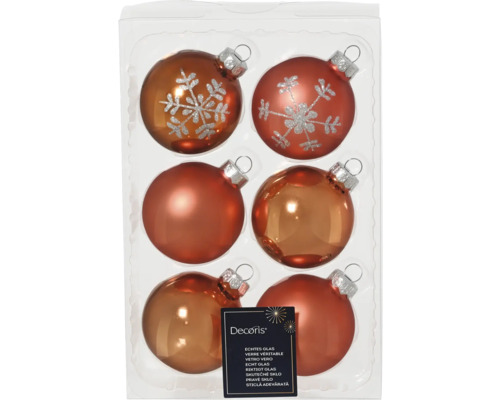 Weihnachtsbaumkugeln Glas Ø 6 cm braun 6 Stück Weihnachtskugeln aus Glas mit Schneeflockenmuster im Sechserpack