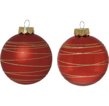 Zwei rote Weihnachtskugeln mit goldenen Streifen