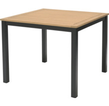 Quadratischer Gartentisch mit Holzplatte und Metallbeinen