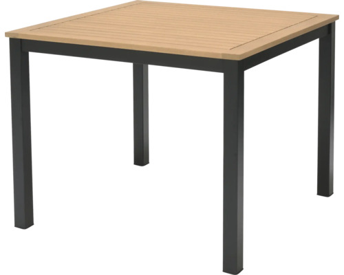 Quadratischer Gartentisch mit Holzplatte und Metallbeinen