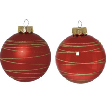 Zwei rote Weihnachtskugeln mit goldenen Streifen