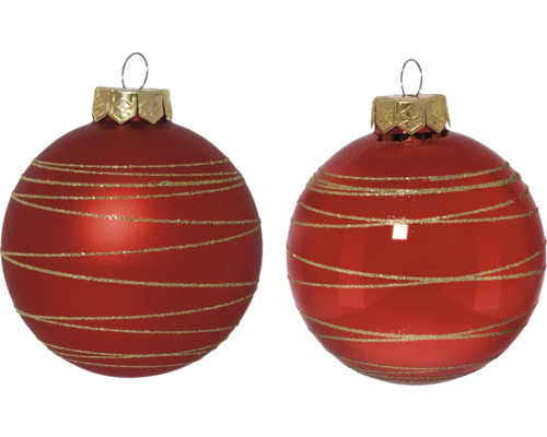Zwei rote Weihnachtskugeln mit goldenen Streifen