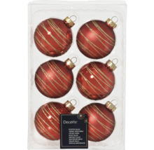 Set aus sechs roten Weihnachtskugeln aus Glas mit goldenen Streifen
