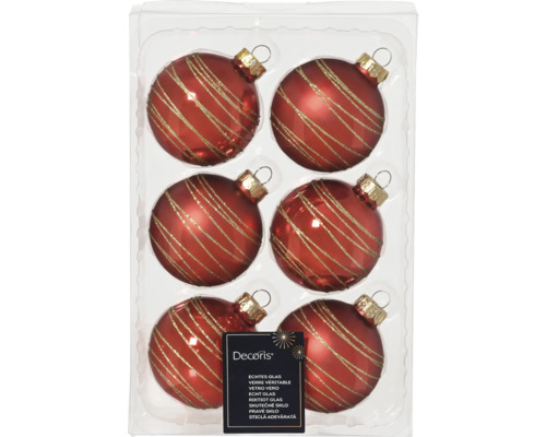 Set aus sechs roten Weihnachtskugeln aus Glas mit goldenen Streifen
