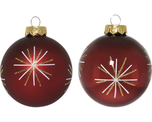 Weihnachtsbaumkugeln Glas Ø 6 cm dunkelrot 6 Stück Zwei Christbaumkugeln mit Sternmuster und Aufhänger