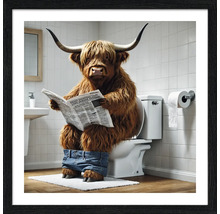 Illustration eines schottischen Hochlandrindes, das auf einer Toilette sitzt und eine Zeitung liest