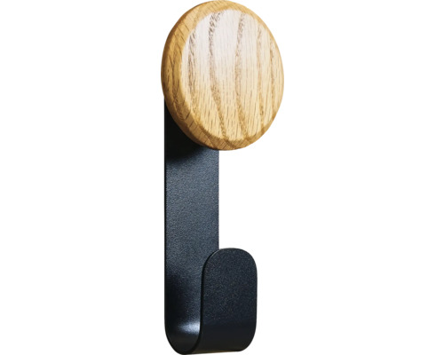Wandhaken mit einem runden Holzkopf und einem Haken aus Metall
