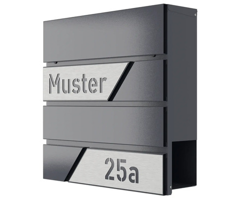 Anthrazitfarbener Briefkasten mit dem Wort Muster und der Nummer 25a