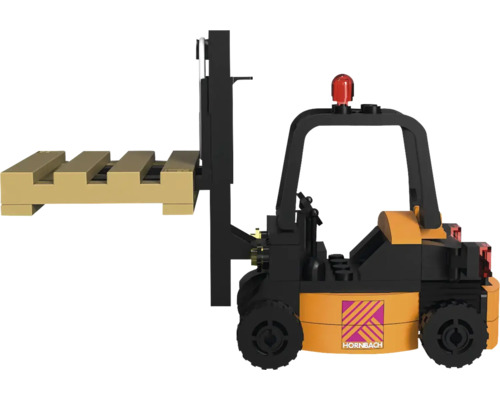 HORNBACH Brick Set High Rack Forklift Hochregalstapler Klemmbausteine 128x50x95 mm Spielzeug-Gabelstapler mit Palette und Hornbach Logo