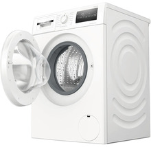 Waschmaschine mit geöffneter Tür, Bedienfeld und Bullauge