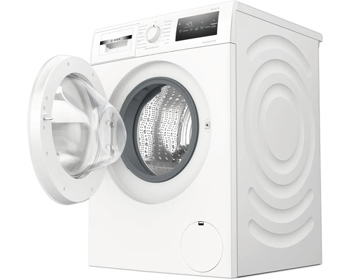 Waschmaschine mit geöffneter Tür, Bedienfeld und Bullauge