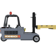 Hornbach Gabelstapler Modell aus Bausteinen mit Palette