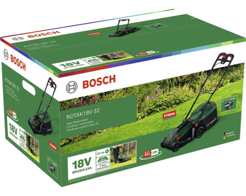 Verpackung des Bosch Rotak 18V-32 Akku-Rasenmähers