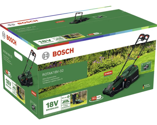 Verpackung eines Bosch Rotak 18V-32 Akku-Rasenmähers