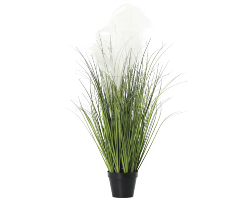 Dekorative künstliche Pflanze mit Gräsern und Blüten in einem schwarzen Topf