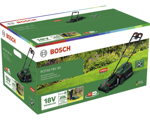 Verpackung eines Bosch Rotak 18V-34 Akku-Rasenmähers