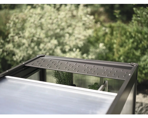 Wetterschutzblech Biohort Florentina 1 m 99,5 x 30,2 x 4,7 cm dunkelgrau-metallic Detailansicht eines Gewächshauses mit geöffnetem Dachfenster zur Belüftung.