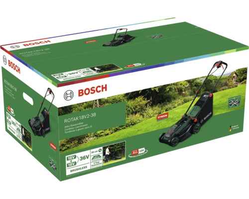 Verpackung eines Bosch Rotak 18V2-38 Akku-Rasenmähers
