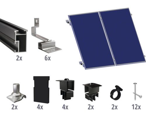 Montageset schwarz für 2 PV-Module (2x1) auf Schrägdach inkl. 2x Montageschiene 2400 mm Solarpanel-Montagesatz mit verschiedenen Komponenten und Befestigungselementen