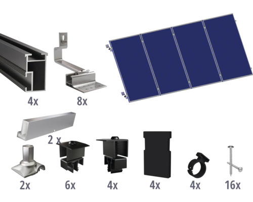 Montageset schwarz für 4 PV-Module (4x1) auf Schrägdach inkl. 4x Montageschiene 2400 mm Komponenten für die Installation von Solaranlagen, inklusive Modulen, Schienen und Befestigungsmaterial