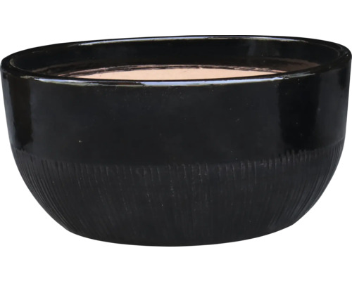 Schwarzer Pflanztopf mit gerillter Oberfläche.