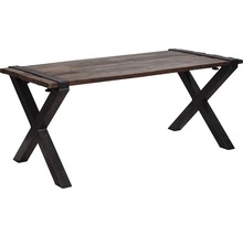 Tisch mit Holzplatte und Metallgestell in X-Form