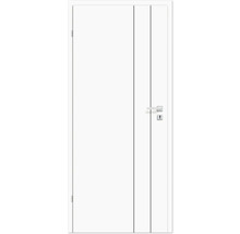 Weiße Innentür mit Drückergarnitur und zwei vertikalen Zierlinien