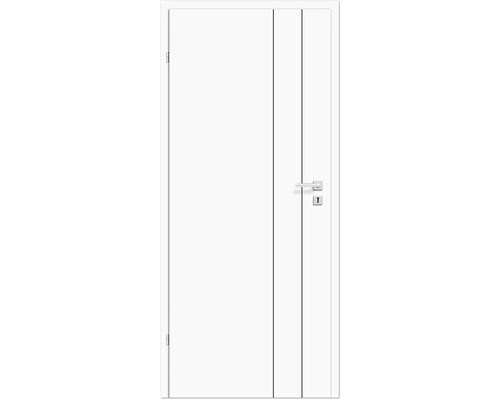 Weiße Innentür mit Drückergarnitur und zwei vertikalen Zierlinien