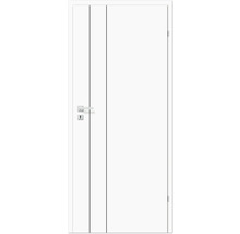 Weiße Innentür mit zwei schwarzen Zierlinien, Türgriff und Schloss