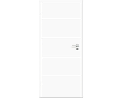 Weiße Innentür mit horizontalen Zierlinien und Türgriff