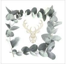 Eukalyptusblätter umrahmen stilisierte Hirschkopf-Grafik