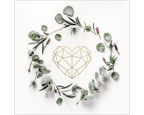 Leinwandbild Golden Heart Eucalyptus 40x40 cm Geometrisches Herz umgeben von Eukalyptus- und Distelzweigen