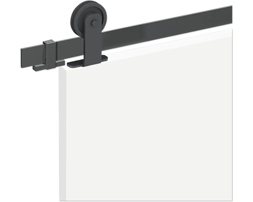 Pertura Schiebetürbeschlag Ivalo schwarz pulverbeschichtet für Holzschiebetür inkl. Griffmuschel Schiebetürbeschlag mit Schiene und Rolle