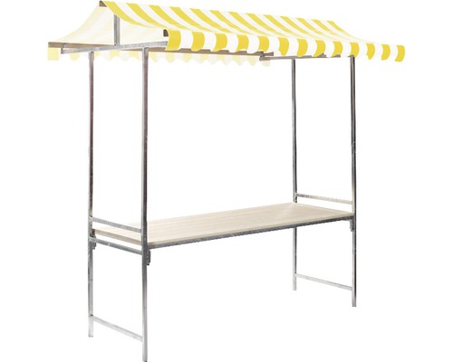 Verkaufsstand mit gelb-weiß gestreifter Markise und Ablagefläche
