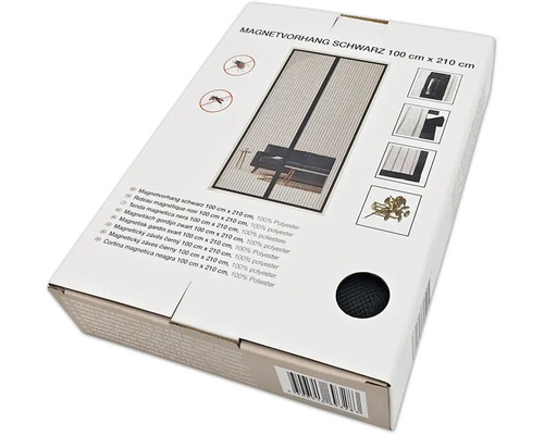 Verpackung einer schwarzen Magnetvorhangs, 100 x 210 cm, aus Polyester.