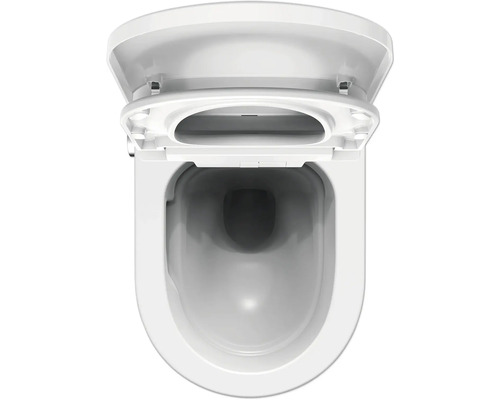 Weisse Toilette mit offenem Deckel von oben