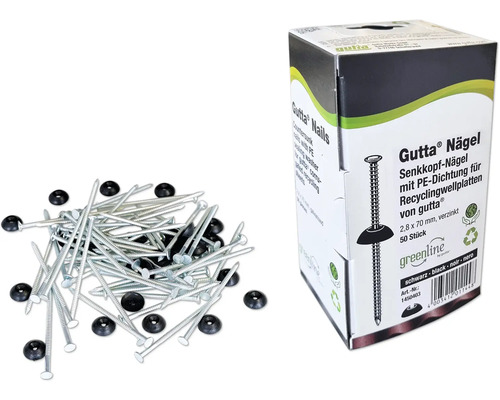 Gutta Super-S Nägel für Wellplatten schwarz 2,8 mm x 70 mm Pack = 50 St Gutta Senkkopf-Nägel mit PE-Dichtung für Recyclingwellplatten, 2,8 x 70 mm, verzinkt, 50 Stück
