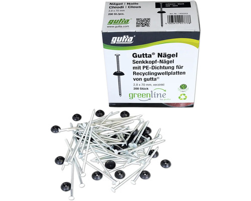 Gutta Super-S Nägel für Wellplatten schwarz 2,8 mm x 70 mm Pack = 200 St Gutta Senkkopf Nägel mit Dichtung und Verpackung