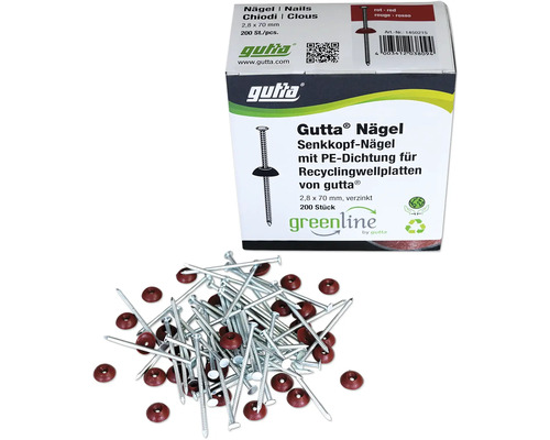 Gutta Super-S Nägel für Dachplatte rot 2,8 mm x 70 mm Pack = 200 St Gutta Nägel Senkkopf mit PE-Dichtung für Recyclingwellplatten, 2,8 x 70 mm, 200 Stück, verzinkt