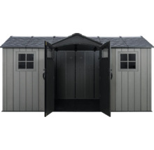 Gartenschuppen mit geöffneten Türen und Fenstern