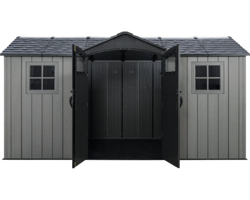 Gartenschuppen mit geöffneten Türen und Fenstern