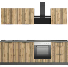 Küchenzeile mit Spüle, Kochfeld, Backofen, Dunstabzugshaube und Schränken mit Holzfronten