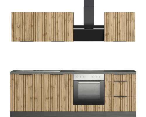 Küchenzeile mit Spüle, Kochfeld, Backofen, Dunstabzugshaube und Schränken mit Holzfronten