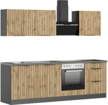 Küchenzeile mit Spüle, Kochfeld, Backofen und Dunstabzugshaube mit Holzfront