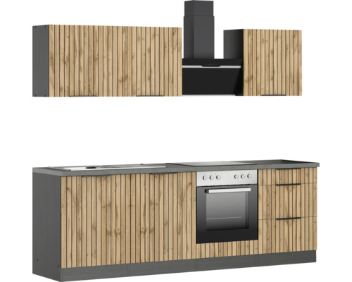 Küchenzeile mit Spüle, Kochfeld, Backofen und Dunstabzugshaube mit Holzfront
