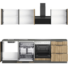 Küchenzeile mit Hängeschränken, Spüle, Geschirrspüler, Backofen und Dunstabzugshaube