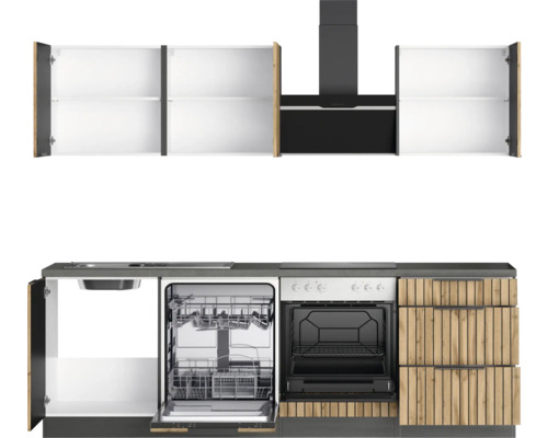 Küchenzeile mit Hängeschränken, Spüle, Geschirrspüler, Backofen und Dunstabzugshaube