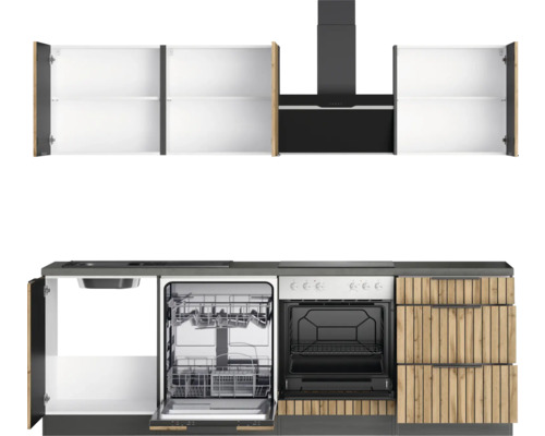 Komplette Küche mit Spüle, Geschirrspüler, Backofen, Dunstabzugshaube und Schränken