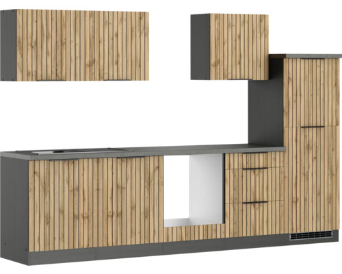 Moderne Küche mit Holzfronten und dunkler Arbeitsplatte